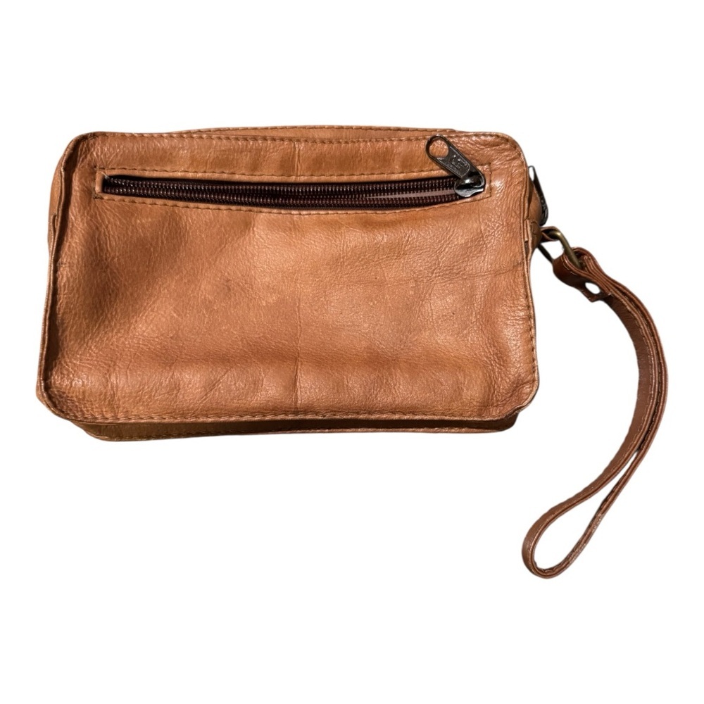 Vintage Genuine Leather Wristlet Wallet Brown Soft Leather Coin Pouch Zip Clutch